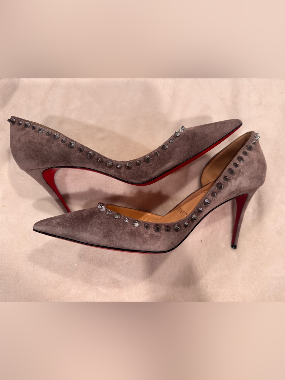 Christian Louboutin Studded Pointed-Toe Suede Pumps in Taupe size 41 wore ones